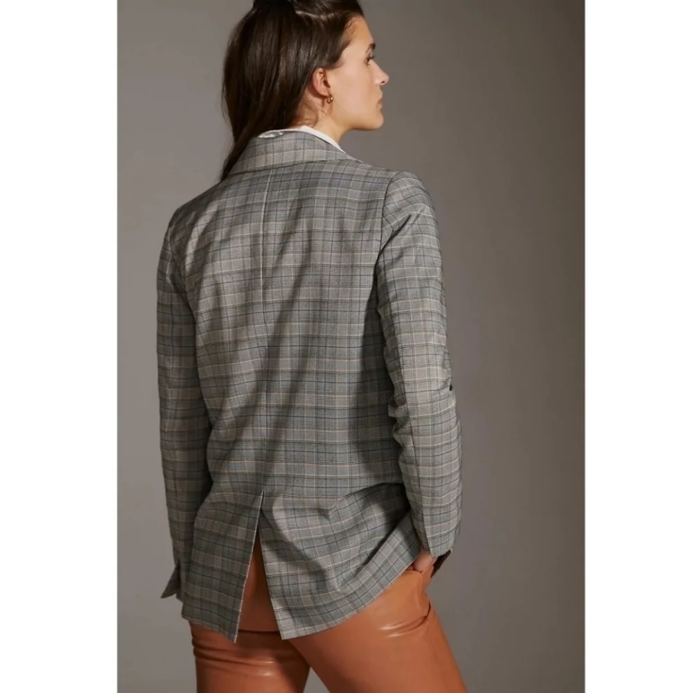 New Anthropologie Hutch Classic Longline Double Breasted Plaid Maize Blazer Sz M